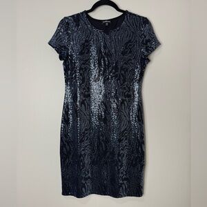 Y2K Bebe Metallic Embellished Zebra Print Short Sleeve Bodycon Dress Blue Black